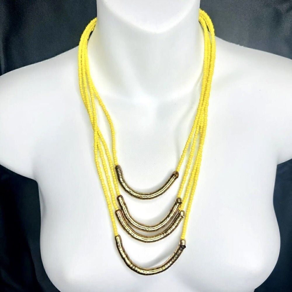 Beautiful Yellow Brassy Tone Multi Strand Seed Beads Statement Necklace 1562